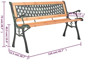 öntöttvas és tömör fenyőfa kerti pad 116 cm