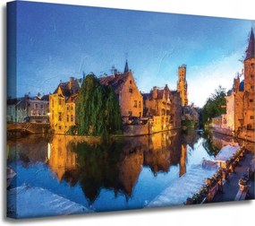 Vászonkép Folyó Város Este Olaj Stílus 40x30 cm