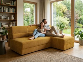 Kihúzható kétoldalas L-alakú ülőgarnitúra TAVERO 201x140 cm, mustár színű.