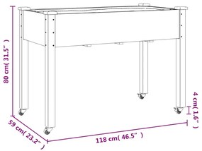 szürke tömör fenyőfa kerekes ültetőláda béléssel 118x59x80 cm
