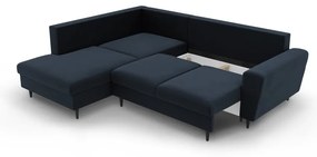 Sötétkék bársony kinyitható tárolóhelyes sarokkanapé (bal oldali-L alakú) Kyoto – Cosmopolitan Design