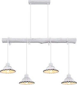 Globo 54050-4H Függeszték fém fehér alaplap, fehér fa áthidalóval, kerámia búrákkal, mely színe fehér, feketével antikolva, textil kábel. HxSZxM:850x170x1200, fényforrás nélkül 4xE27 40W 230V
