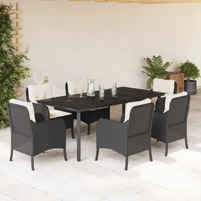 7 részes fekete polyrattan kerti étkezőgarnitúra párnával