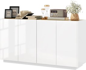 HOMCOM Étkezőbuffet, Konyhai Buffet, 4 Lágyan Záródó Ajtóval és Állítható Polcokkal, 140 x 40 x 75 cm, Fényes Fehér | Aosom