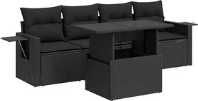vidaXL 5 részes fekete polyrattan kerti kanapészett párnákkal
