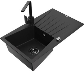 Mexen Cesar, gránit mosogató 775x470x190 mm, 1 kamrás, fekete, fekete szifonnal és fekete Rita mosogató csapteleppel, 6514-77-670300-70-B