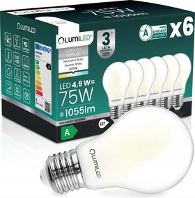 6x Led Izzó E27 Filament A Osztály 4,9W 1055LM 75W 4000K 360° Lumiled