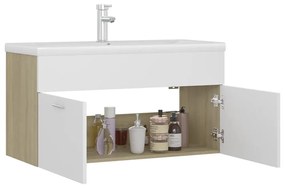 fehér-tölgyszínű szerelt fa mosdószekrény beépített kagylóval