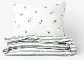Goldea pamut ágyneműhuzat - oliva levelek, zsálya színű csíkos hátoldal 240 x 220 és 2db 70 x 90 cm