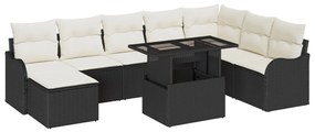9 Darabos Kerti Sofa Szett Párnákkal Fekete Poly Rattan, 2-Személyes Kerti Sofa Tárolóval és Párnákkal Fekete Poly Rattan