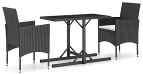 3 részes fekete polyrattan és edzett üveg kerti étkezőszett