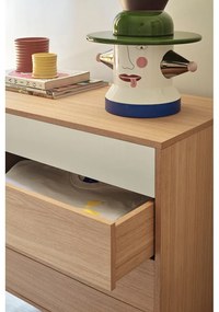 Yoko krémfehér fiókos komód tölgyfa dekorral - Teulat