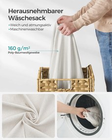 Kézzel fonott rattan szennyeskosár, összecsukható, kivehető zsákkal 90L, sárga
