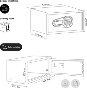 Hotelszéf elektronikus kódzárral, 15″ laptophoz és dokumentumokhoz, 200 x420x370 mm: ALFRED