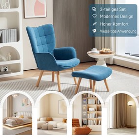 Karfás fotel lábtartóval, relax fotel, kárpitozott, kordbársony hatású, kék