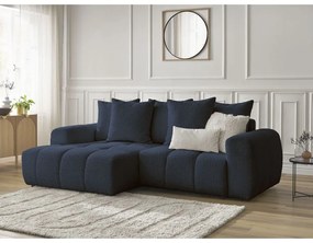 Kék buklé kinyitható-tárolóhelyes sarokkanapé (bal oldali-heverő résszel) Roxelane – Bobochic Paris
