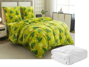 Karácsonyfa mintás mikropüss ágyneműhuzat szett zöld + mikroplüss lepedő SOFT 180x200 cm fehér, franciaágyhoz