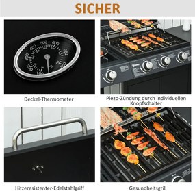 Outsunny Gázgrill 3 fő égővel + 1 oldalsó égővel, tárolópolccal, rozsdamentes acél, fekete