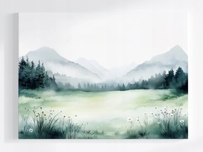 Vászonkép Canvas Akvarell Tájkép Hegyek Rét Virágok Tavasz Köd 80x60