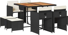 vidaXL 9 részes fekete polyrattan kerti étkezőgarnitúra párnákkal