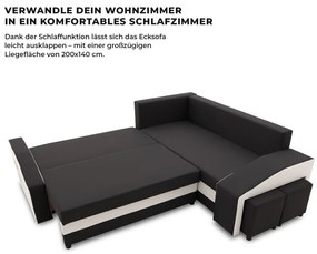 Grande sarokkanapé polcokkal és puffokkal , polc a bal karfaban puffok a jobb karfaban, jobboldali, szövet anyag, bonell töltet, fekete - fehér