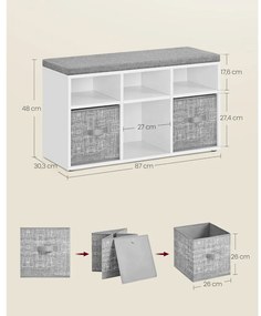 Cipőpad, 6 rekesszel, cipőrendező ülőke, 3 szövet tárolódoboz, felhő fehér galamb szürke
