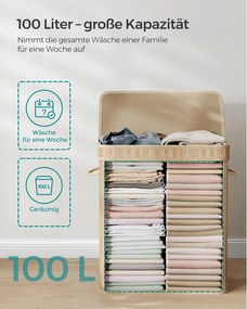 Ruháskosár fedéllel, 100 l-es bambusz szennyestartó
