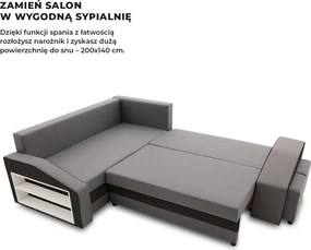 Grande sarokkanapé polcokkal és puffokkal , polc a bal karfaban puffok a jobb karfaban, baloldali, szövet anyag, bonell töltet, szürke - fekete