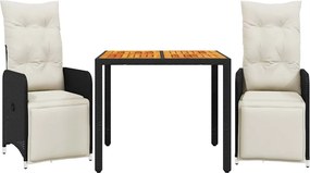 vidaXL 3 részes fekete polyrattan kerti bisztrógarnitúra párnákkal