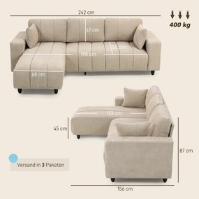 HOMCOM Sarokkanapé L alakú rugalmas heverővel, 3 személyes kanapé 2 párnával, fém váz, nappaliba, bézs