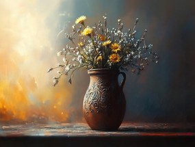 Vászonkép Canvas Csokor Mezei Virágok Váza Kancsó Vintage 100x75