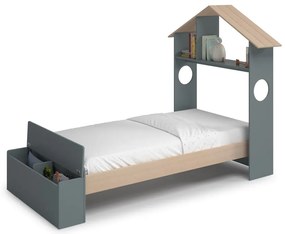 Natúr színű-szürkészöld ágyneműtartós házikó alakú gyerekágy ágyráccsal 90x190 cm borovi fenyő dekorral Odessa – Marckeric