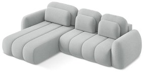 Világosszürke buklé kinyitható-tárolóhelyes sarokkanapé (bal oldali-heverő résszel) Pele – Makamii
