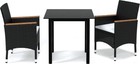 vidaXL 3 részes fekete polyrattan kerti étkezőgarnitúra párnákkal