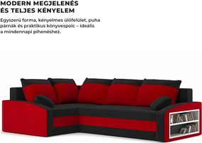 Grande sarokkanapé polcokkal , polc a jobb karfaban, baloldali, szövet anyag, hab töltet, fekete - piros