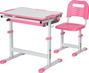 HOMCOM Magasságban Állítható Iskolai Íróasztal Gyermekeknek 6-12 Év, Íróasztal és Szék Készlet 45° Dönthető Asztallappal, Fiókkal, 2 Tolltartóval és A