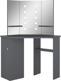 vidaXL szürke sarok fésülködőasztal LED világítással 111x54x141,5 cm