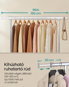 Nagy teherbírású gurulós ruhatartó, állítható 110–150 cm szélességgel, max. 130 kg, krómozott