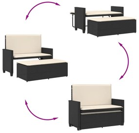 fekete polyrattan kerti pad párnákkal és lábtartóval