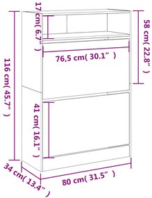 betonszürke cipőszekrény 2 kihajtható fiókkal 80 x 34 x 116 cm