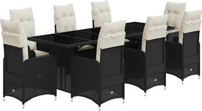 vidaXL 9 részes fekete polyrattan kerti bisztrógarnitúra párnákkal