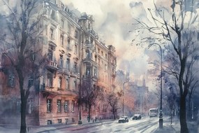 Vászonkép Canvas Akvarell Város Utca Bérházak Fák 60x40