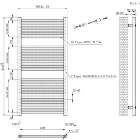 Egyenes törölközőszárító radiátor 1200x600 mm fekete