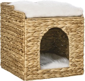PawHut Rattan Macska Háza, Macska Barlang Párnával, Macska Kuckó 2 Szinttel, Macska Ágy, Macska Kosár 5 kg-ig, Vízihíd Függönyből, 37,5 x 37,5 x 41,5