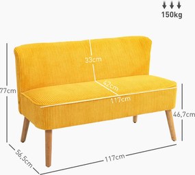 HOMCOM kétszemélyes kanapé, elegáns skandináv dizájn, tömörfa váz, 150 kg-ig, sárga