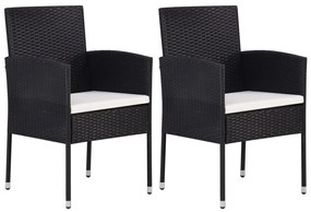2 db fekete polyrattan kerti szék krémfehér párnákkal