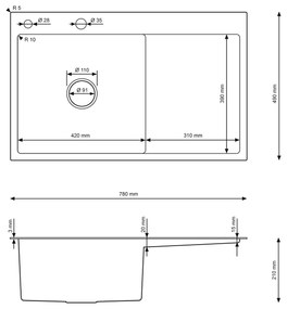 Erga HD, 1 kamrás acél mosogató 780x490x210 mm, jobb, arany, ERG-MLS-HD7849RG