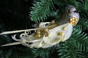 Gyöngyös aranysárga madár karácsonyfadísz 12db