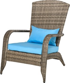 Outsunny Adirondack Kertiszék Karfákkal és Párnákkal, Rattan és Acél Szék Belső és Külső Használatra, 64x80x90 cm, Barna és Kék | Aosom