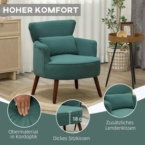 HOMCOM Modern fotel, kárpitozott kiegészítő fotel ágyéki párnával, gumifa lábak, sötétzöld